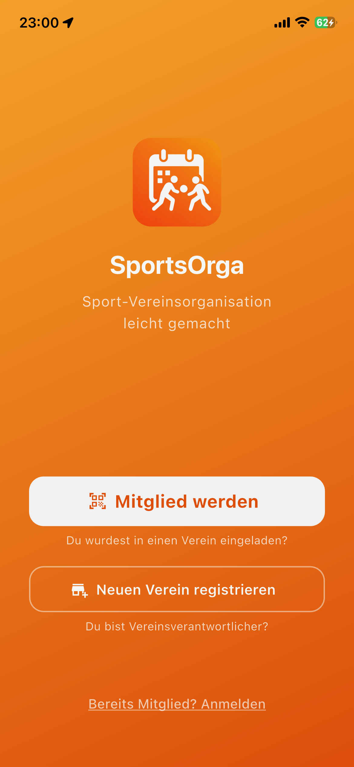 SportsOrga App-Startbildschirm