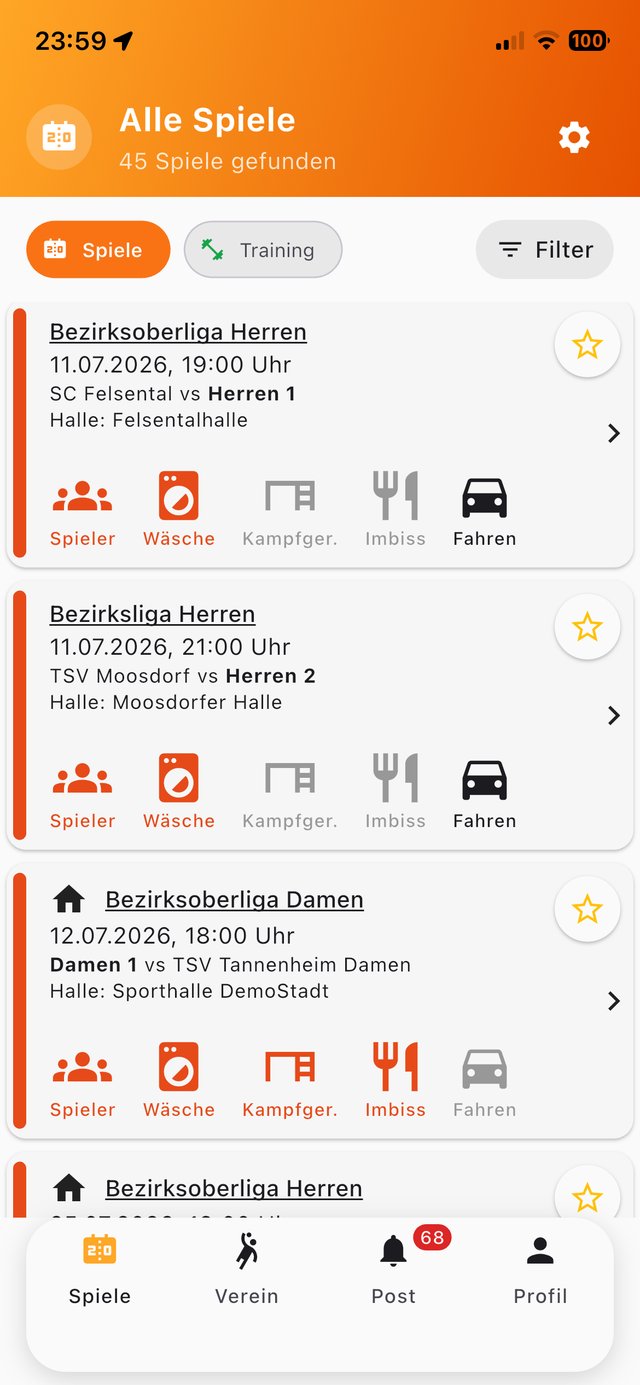 SportsOrga App – Spielübersicht mit Organisations-Status pro Spiel